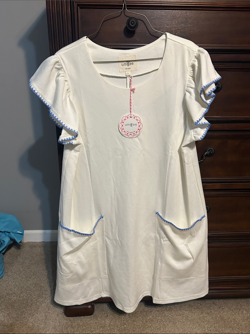 Umgee White Shift Dress with Blue Trim and Ruffle Sleeves